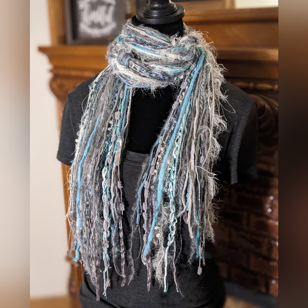 SOLD Fringe Scarf Blue Aqua Turquoise Silver Gray White Boho Vibes New - Picture 4 of 5